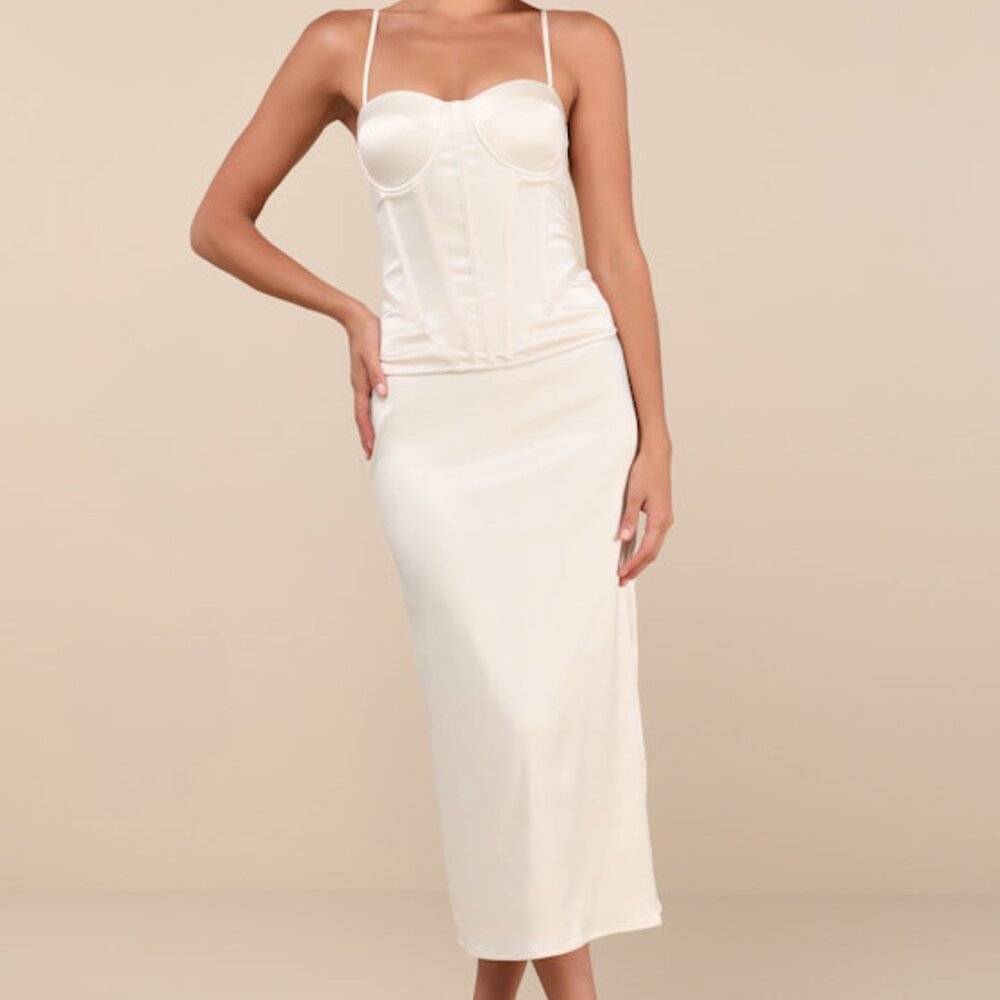 Lulus Alluring Duo Cream Satin Bustier Two-piece Midi Dress White - Size S